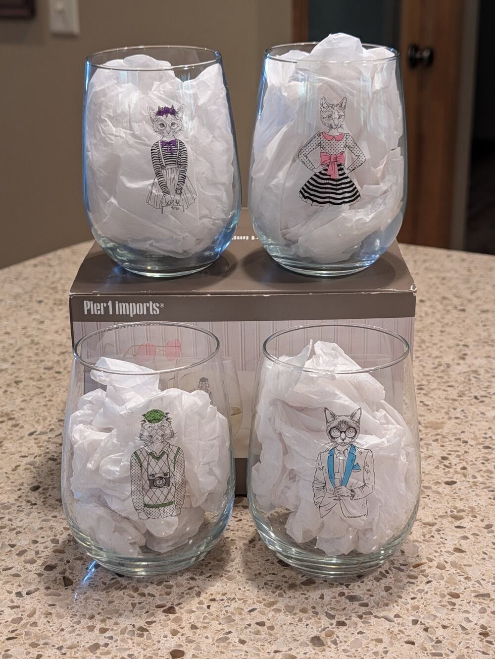 Pier 1 Cat Lovers Dressed Up Cats Stemless Wine Glass Set Of 4 Fancy Whimsical